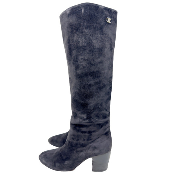 Chanel CC Logo Black Suede Knee High Pointed Toe Block Heeled Boots EU 37 - Picture 1 of 9
